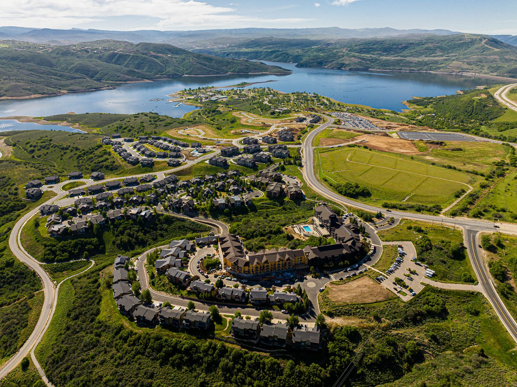 Aerial view of Mayflower Vista luxury retreat near Deer Valley East Village and Jordanelle Reservoir