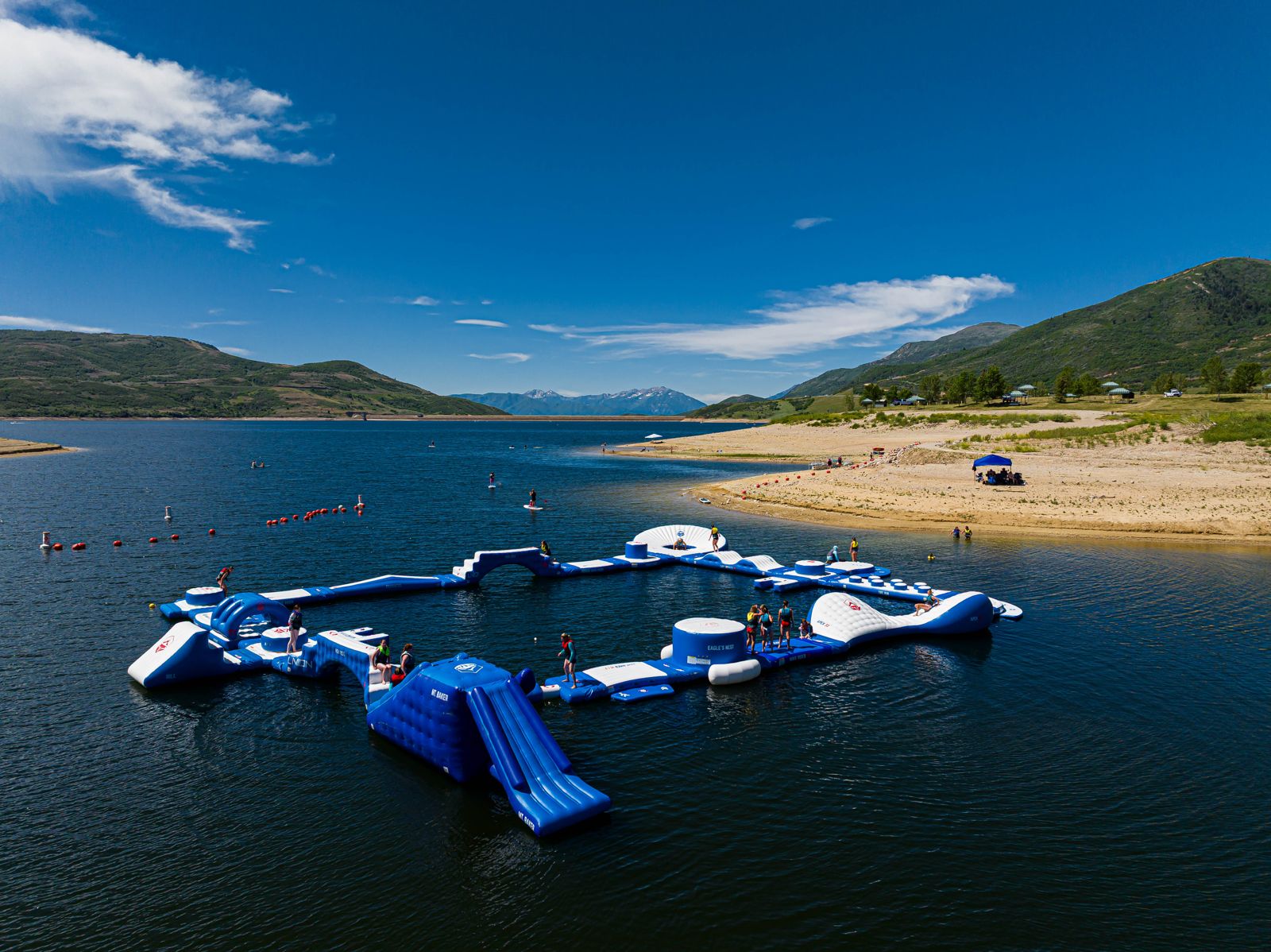 Floating inflatable aqua water park at Jordanelle Reservoir State Park