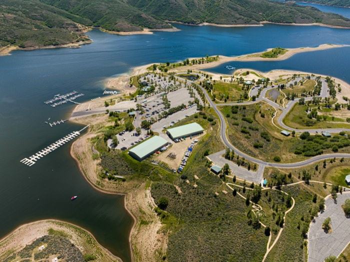Aerial view of Jordanelle State Park Marina and reservoir boating near Mayflower Vista