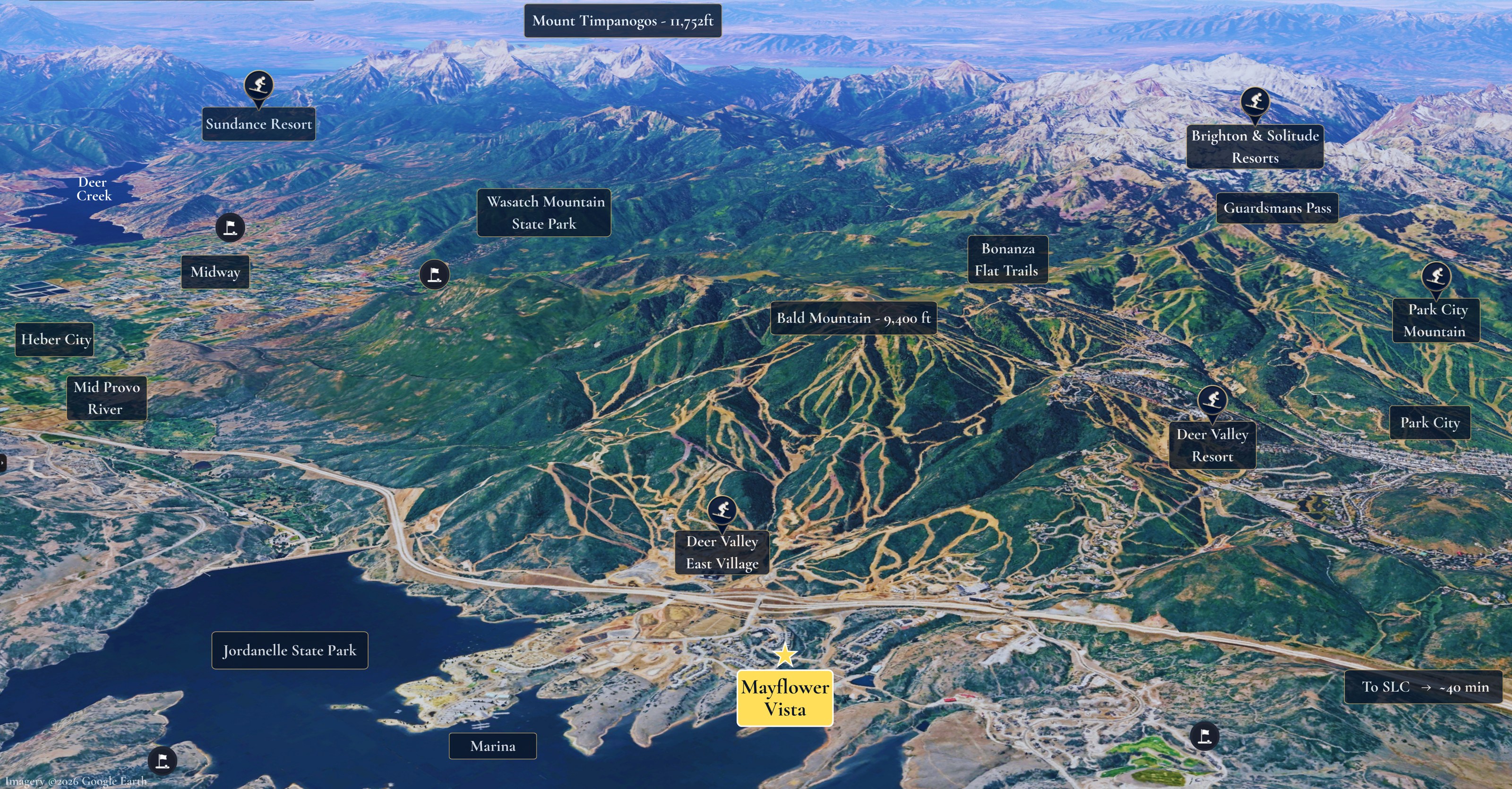 Area map showing Mayflower Vista relative to Deer Valley East Village, Jordanelle State Park, Park City, and surrounding Wasatch ski resorts